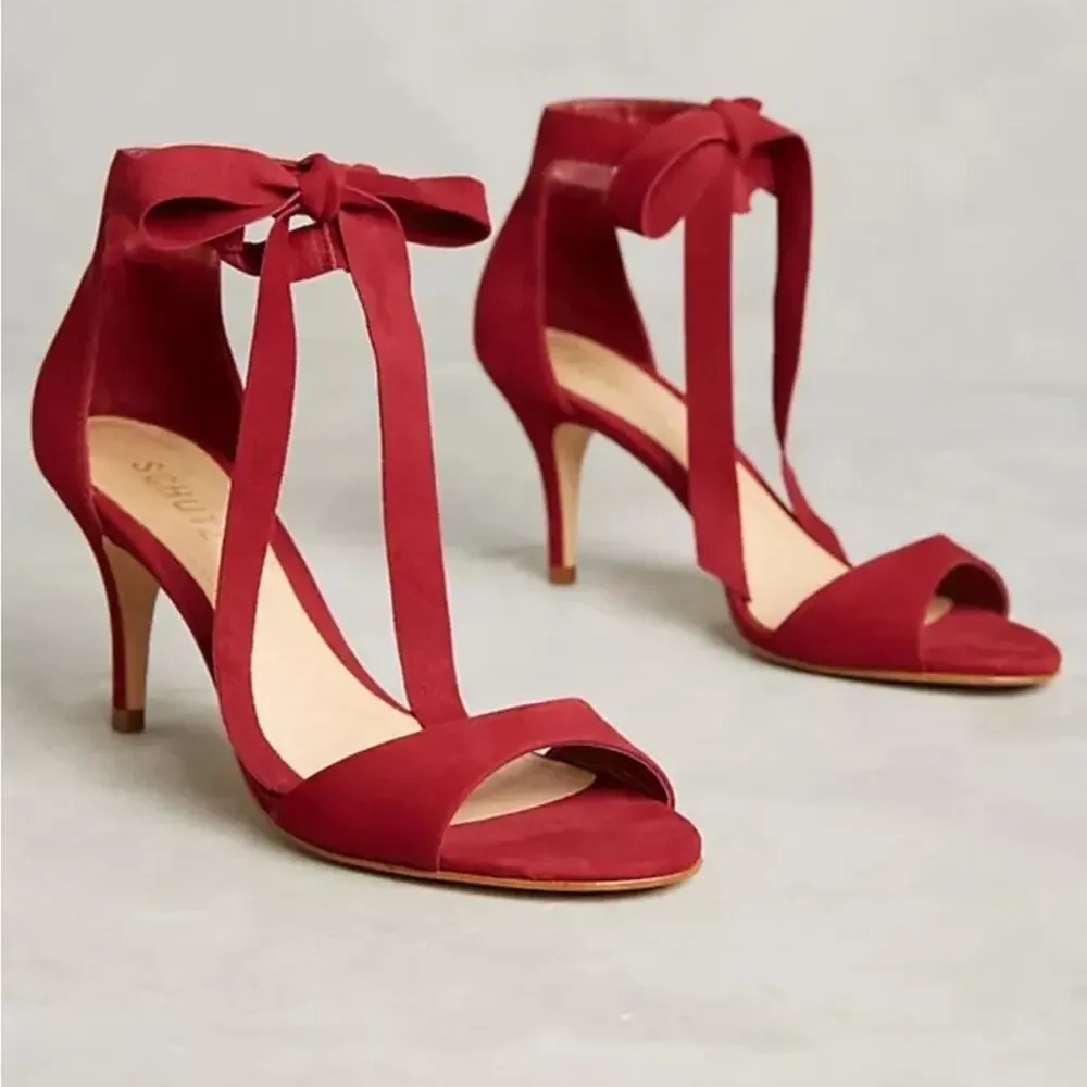 Anthropologie Schutz Tilan Red Suede Ankle Tie Stiletto Heels Women's Size 9